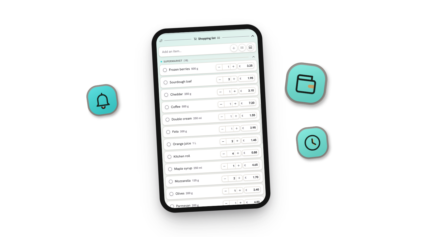 Een telefoon met een gedeelde boodschappenlijst in Cria Planner, gegroepeerd per winkel met een aantal en een prijs bij elk item.