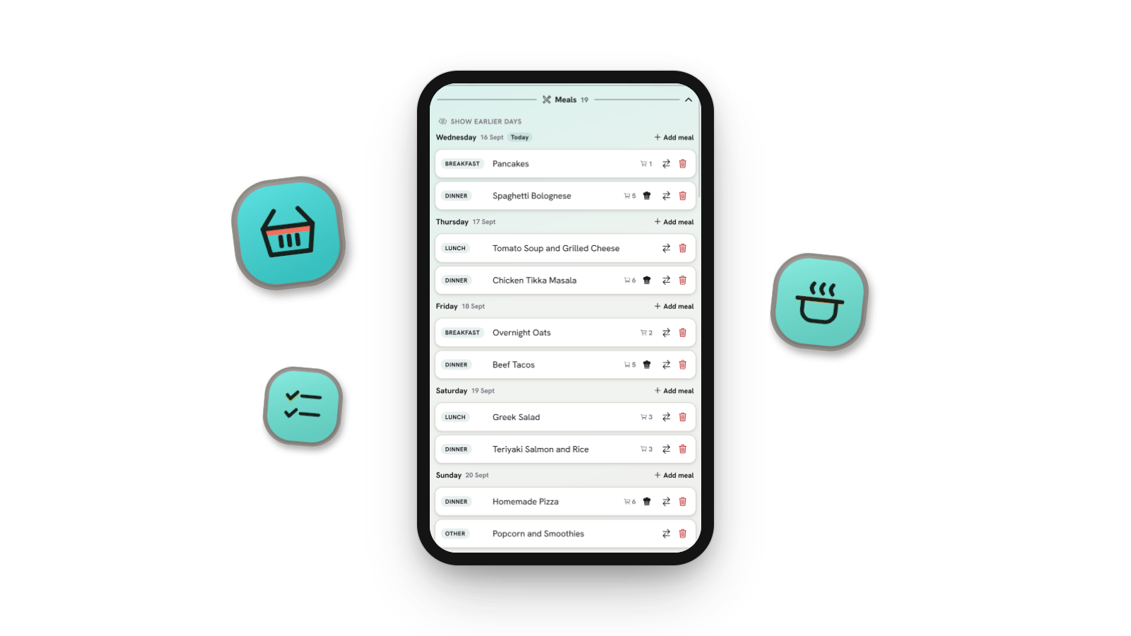 Een telefoon met een week geplande maaltijden in Cria Planner, elk met het aantal boodschappen dat het toevoegt.