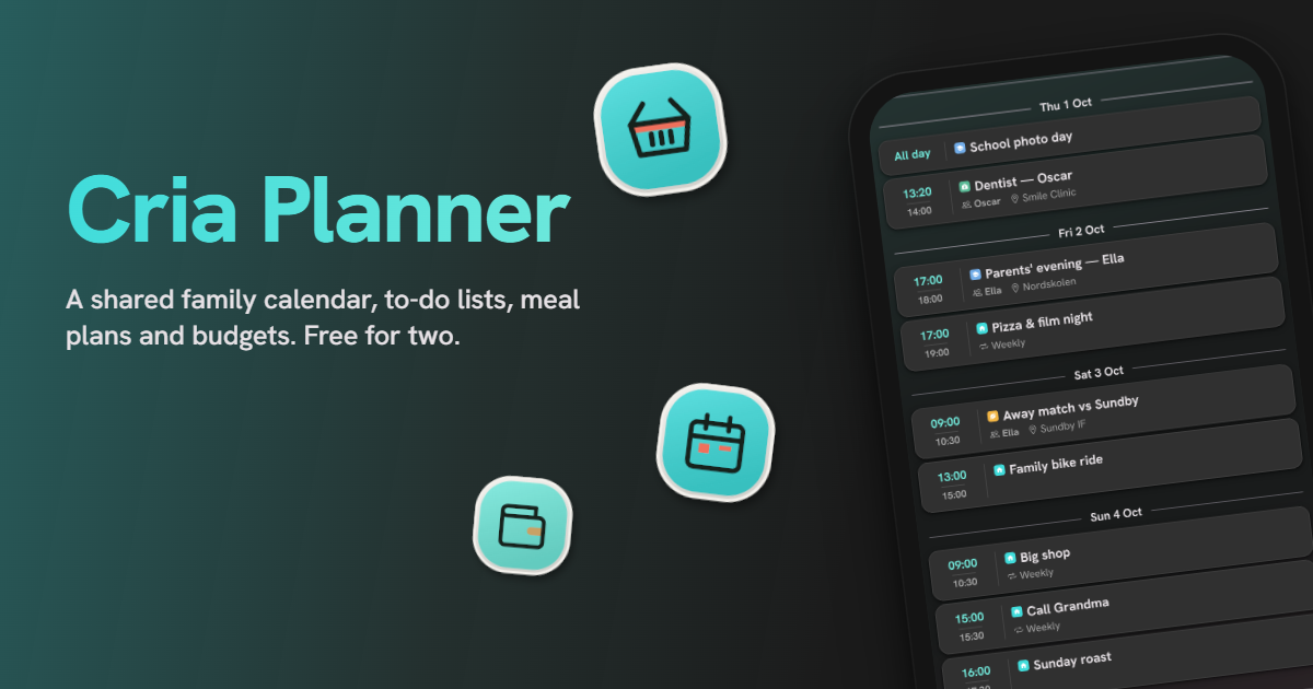 I built a shared family planner because my partner and I kept double-booking the same weekend. Three logo